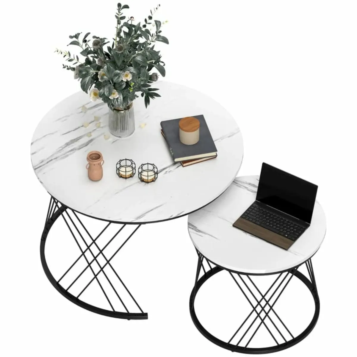 2-Piece Coffee Tables, Marble Look, Particleboard, - Image 1