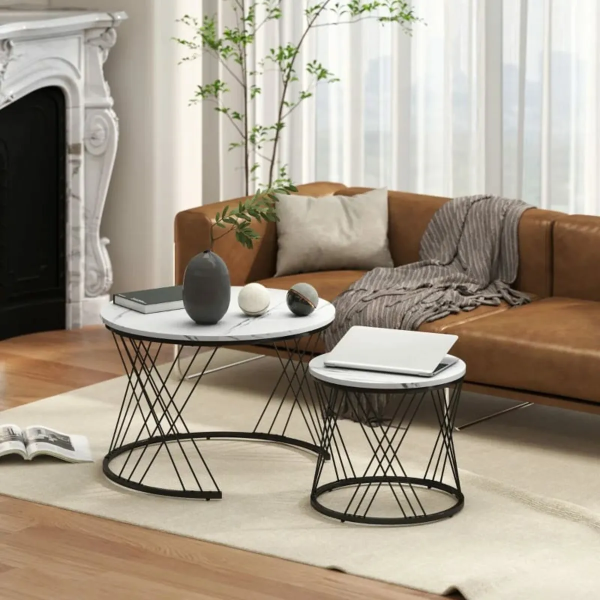2-Piece Coffee Tables, Marble Look, Particleboard, - Image 4