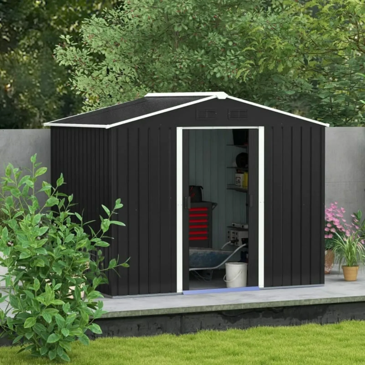 8 x 6ft Outdoor Garden Roofed Metal Storage Shed T - Image 2