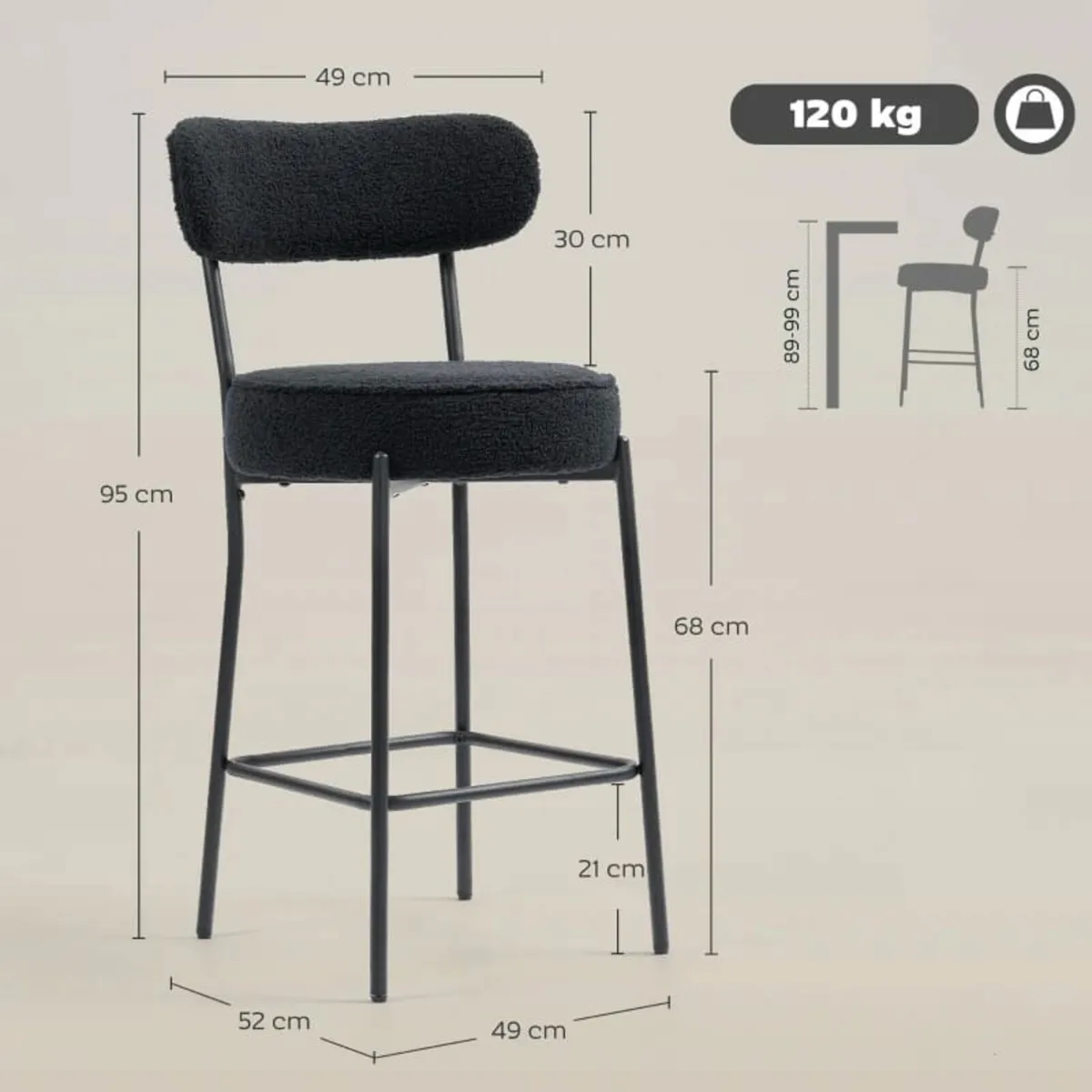 2-Pack bar stools with padded seat and footrest, f - Image 3
