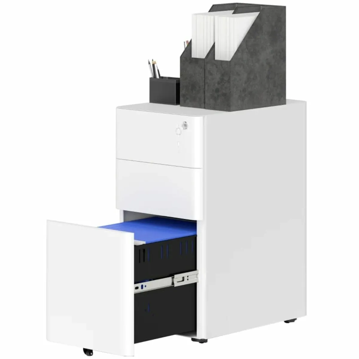 3-Drawer Steel Filing Cabinet with Lock - White - Image 2