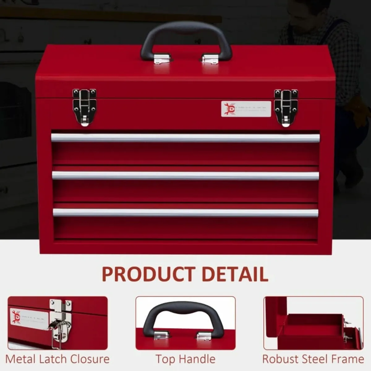 Lockable Metal Tool Box, 3 Drawer Tool Chest with - Image 3