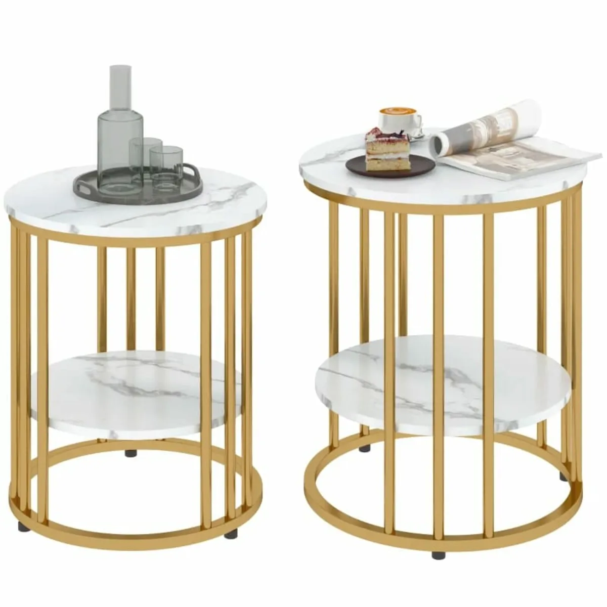 Set of Two Marble-Effect Coffee Tables - White/Gol - Image 1