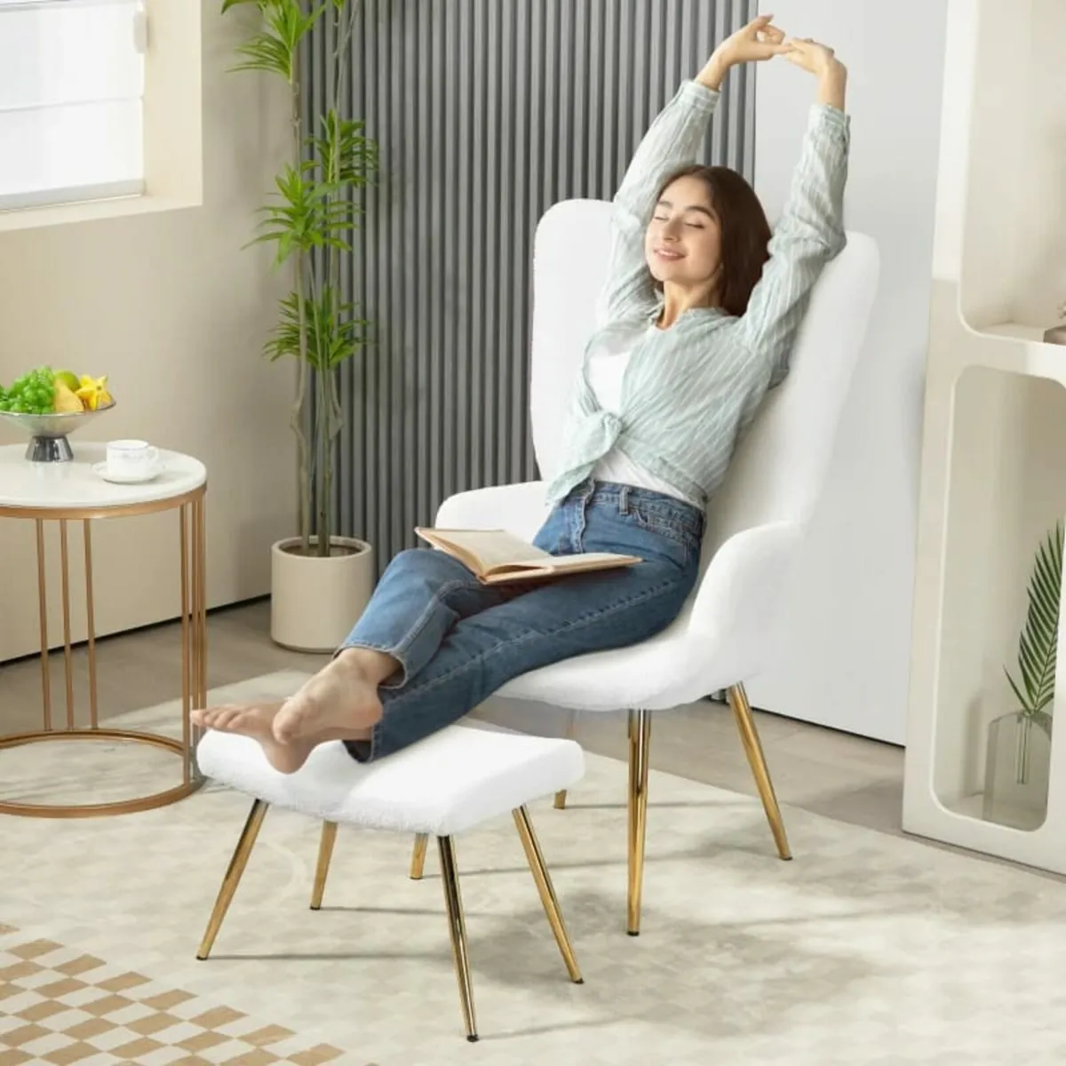 Wing chair with Ottoman, high back, Sherpa cover, - Image 3