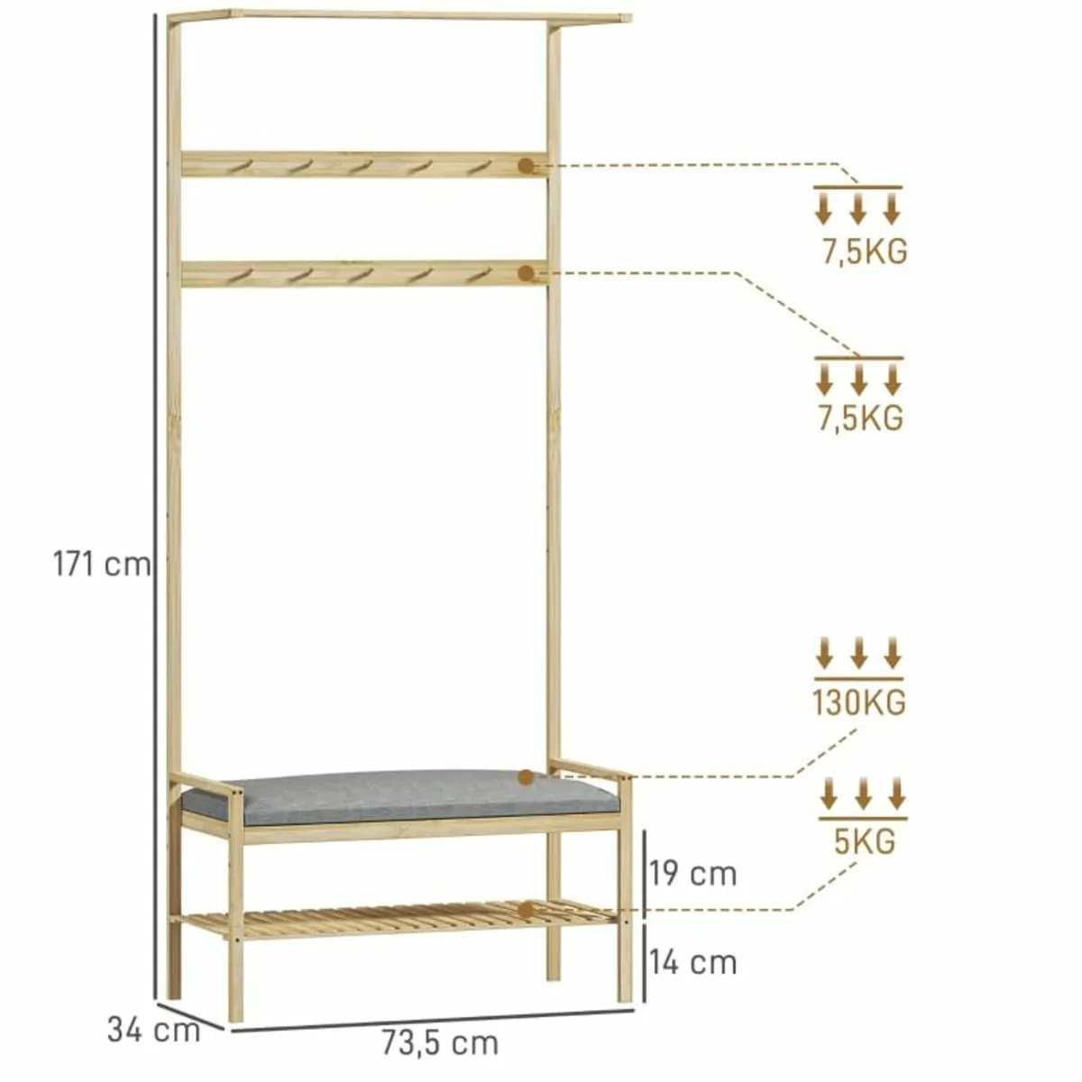Coat rack with shoe bench, clothes rail, 10 garmen - Image 3