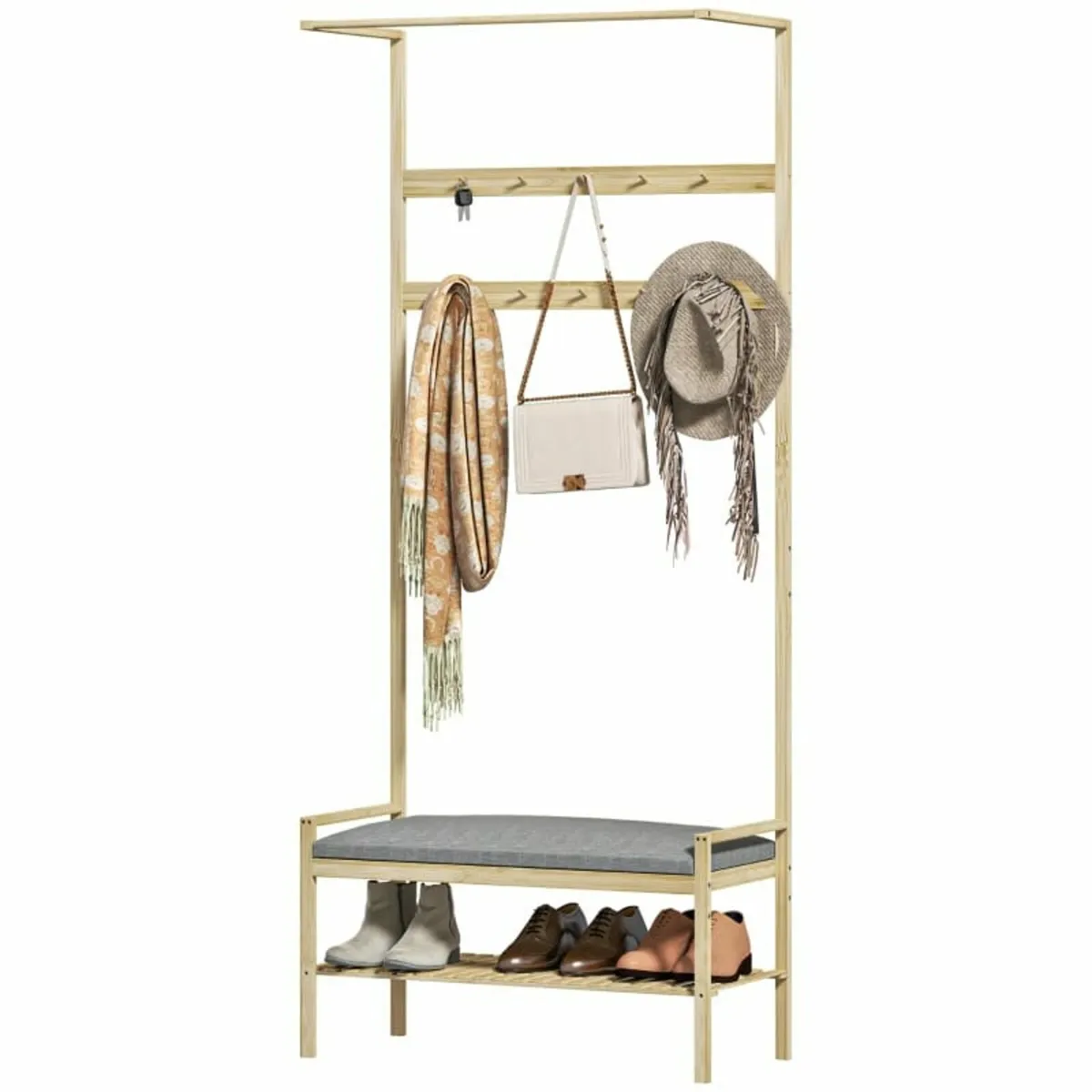 Coat rack with shoe bench, clothes rail, 10 garmen - Image 1