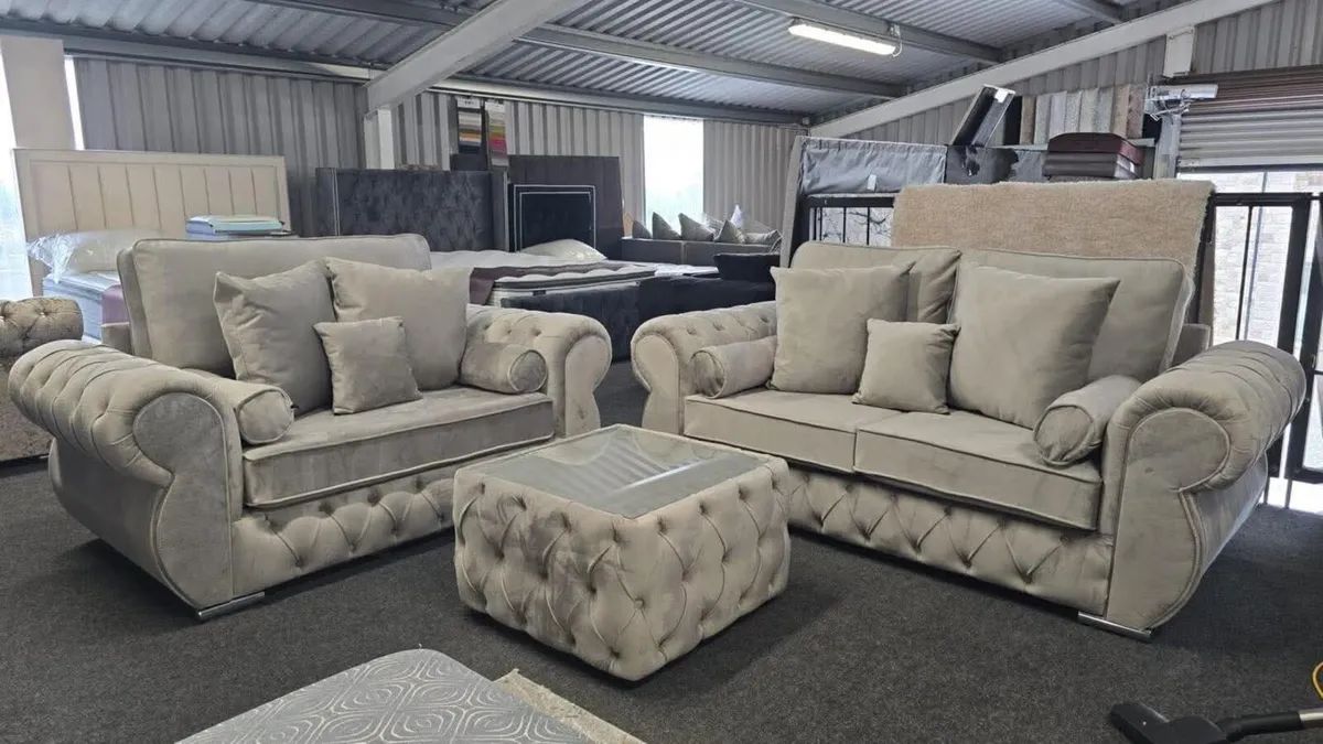 New Light Grey Chesterfield 3+2 Sofas - Image 1