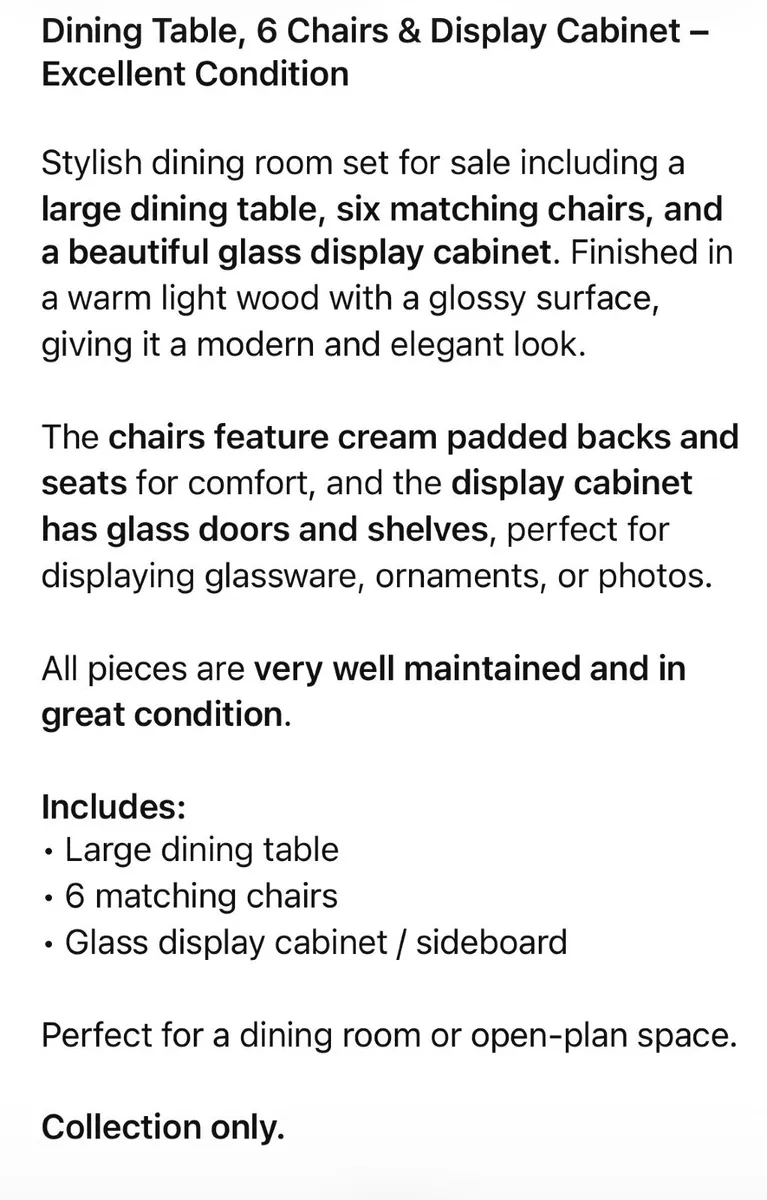 Dining room Table & 6 chairs & Display Cabinet - Image 1