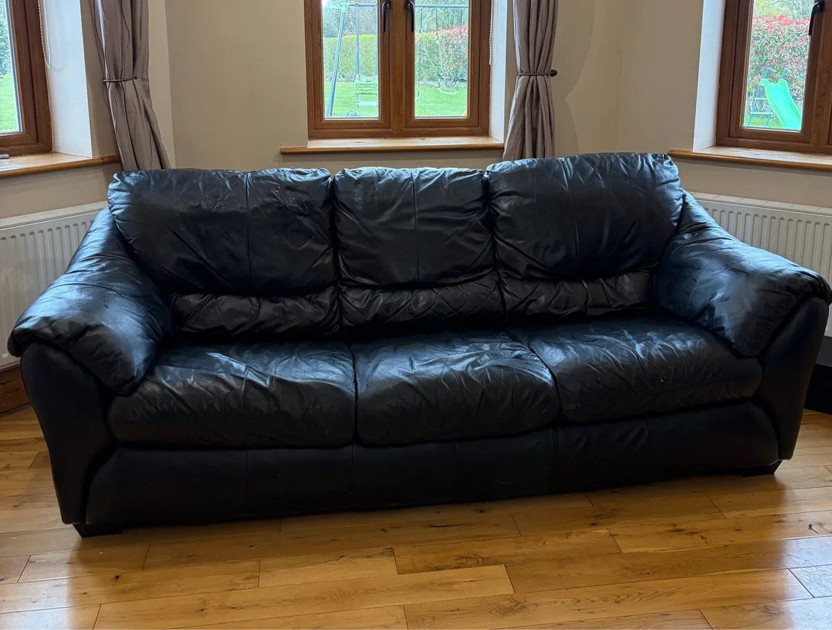 Black Leather Sofa Set- 3 Seater + 2 armchairs - Image 1