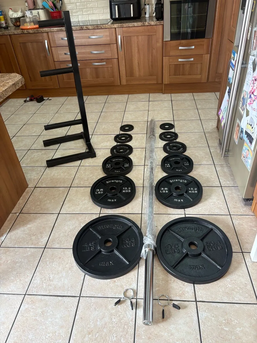 130KG OLYMPIC METAL BARBELL, WEIGHTS, STAND SET - Image 1