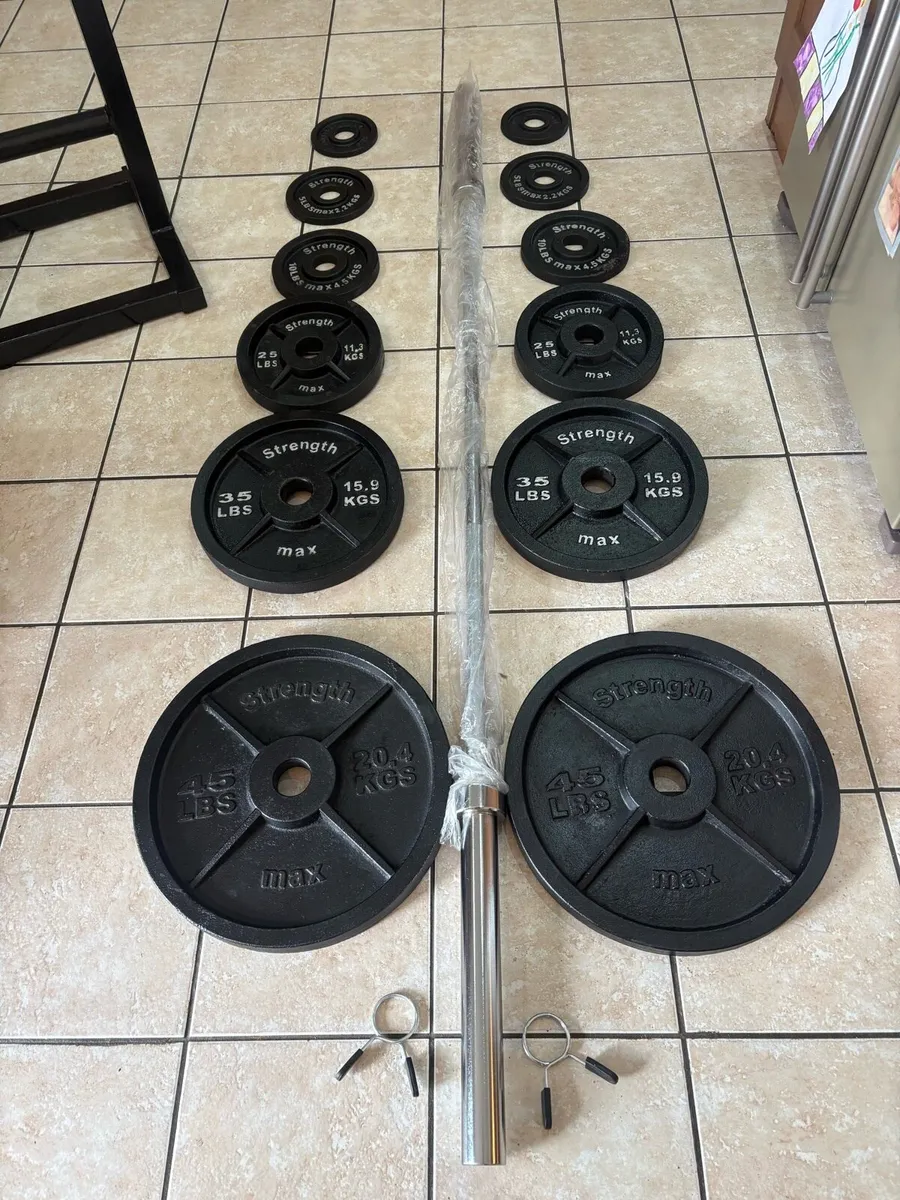 130KG OLYMPIC METAL BARBELL, WEIGHTS, STAND SET - Image 2