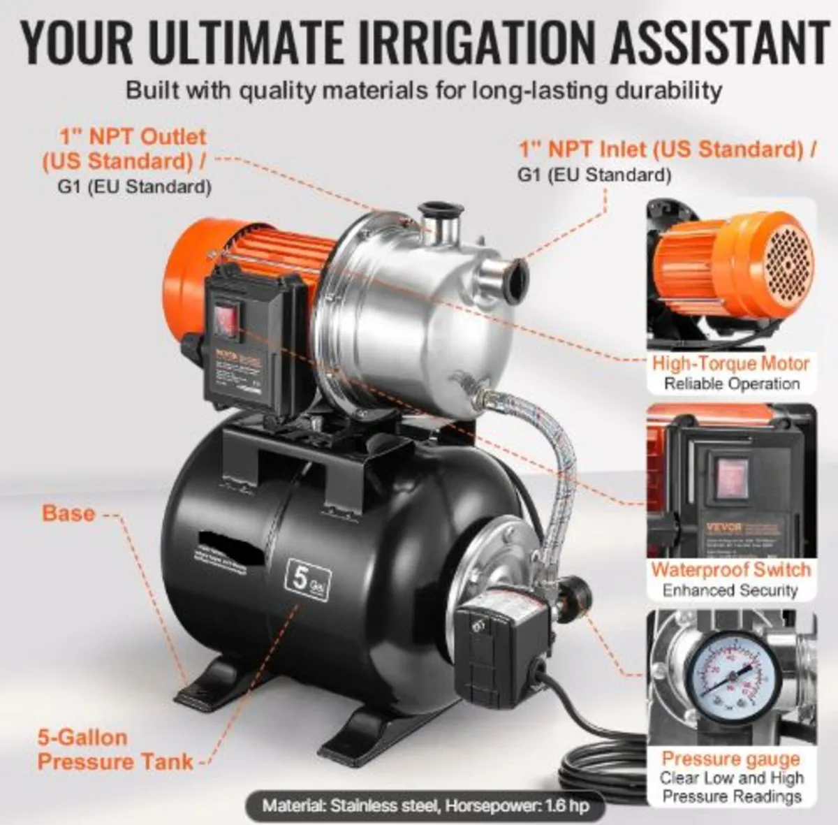 1193W(1.6 HP) Shallow Well Pump with Pressure Tank - Image 3
