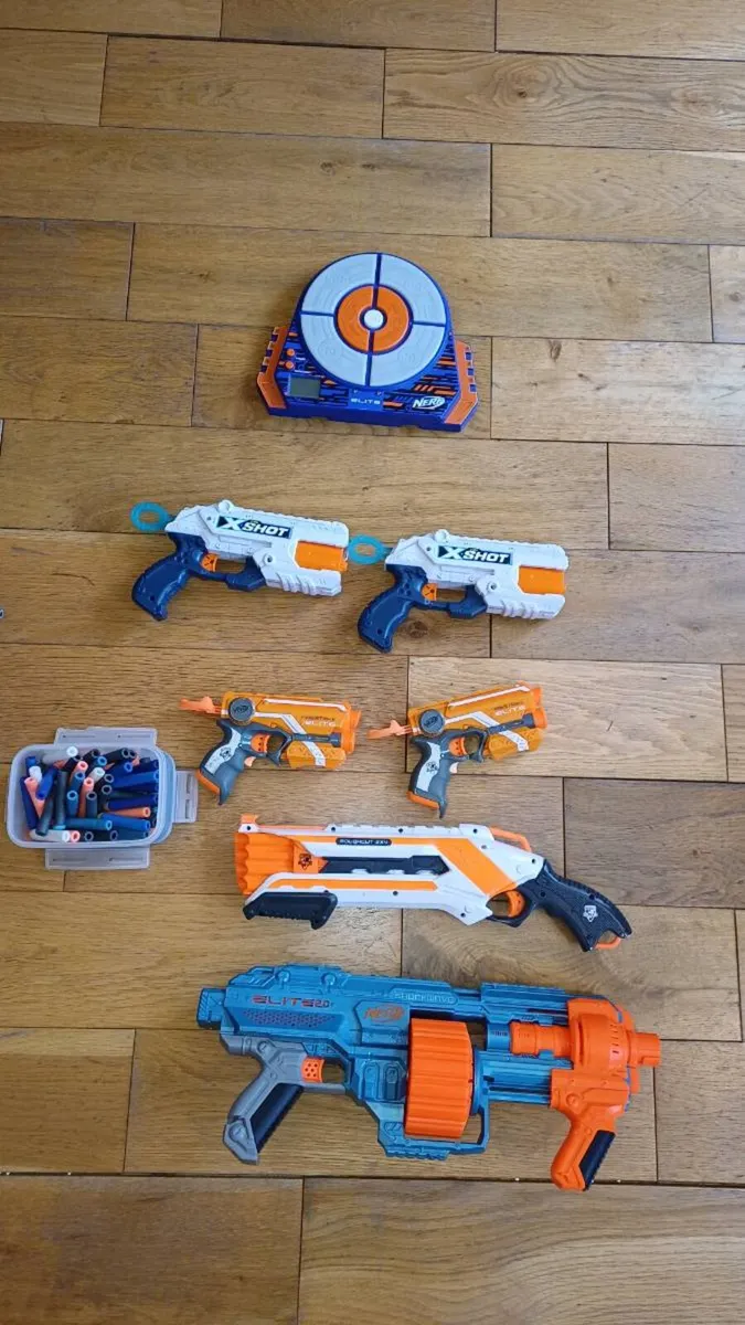 Multiple Nerf guns,  bullets and electronic target