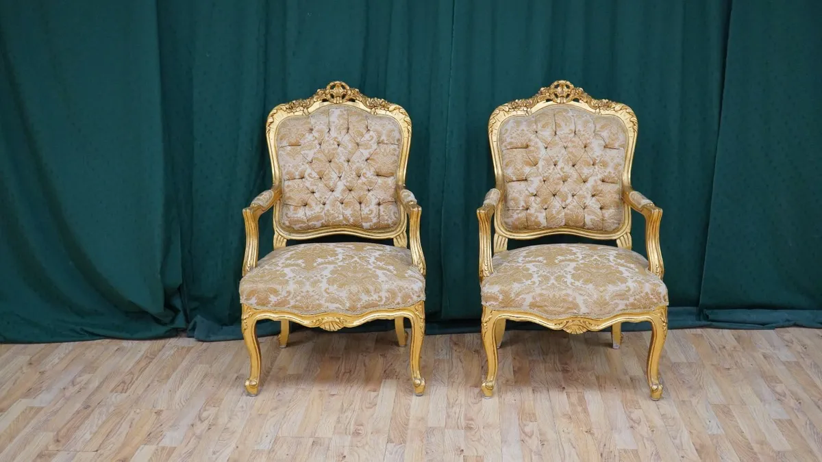 Pair of Rococo-Style Giltwood Armchairs - Image 1