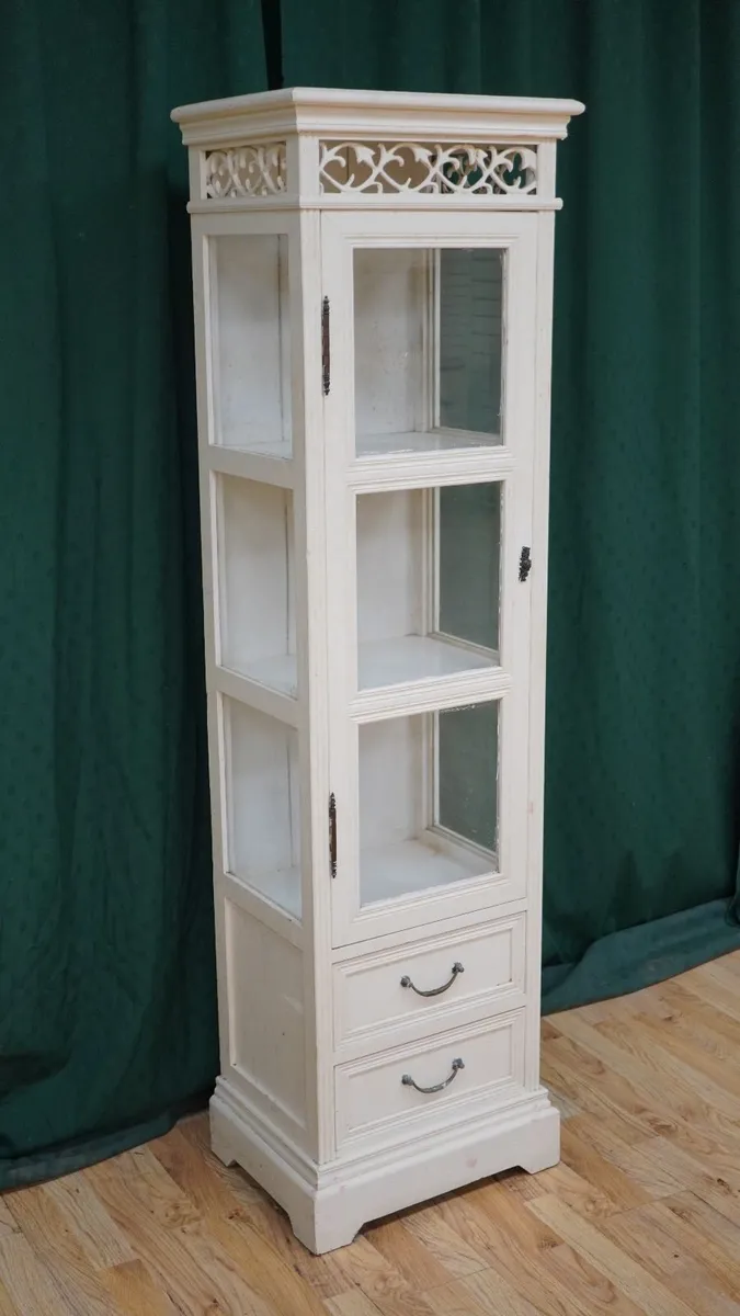 Slim Cream Glazed Display Cabinet with Drawers - Image 3