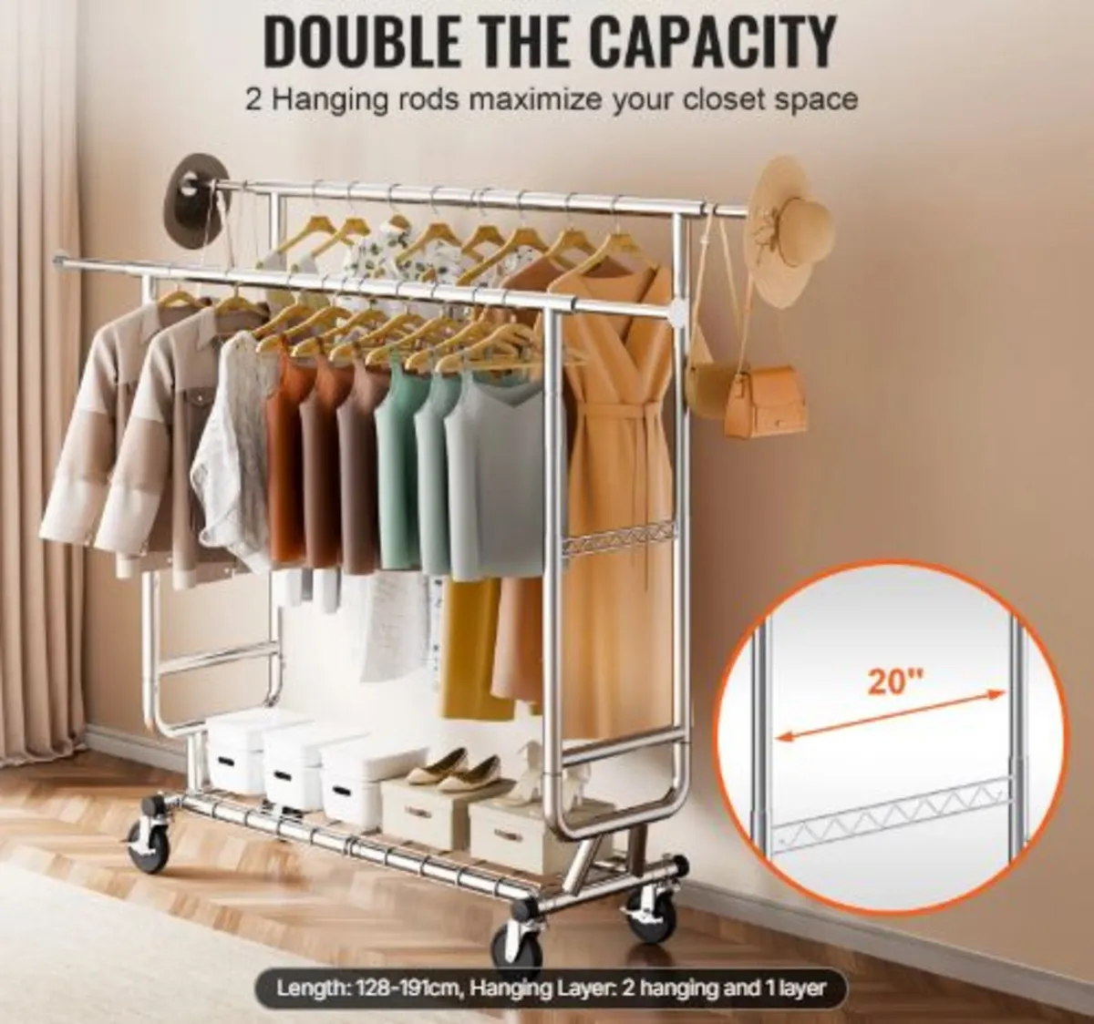 Heavy Duty Clothes Rack, Double Hanging Rod Cloth - Image 3