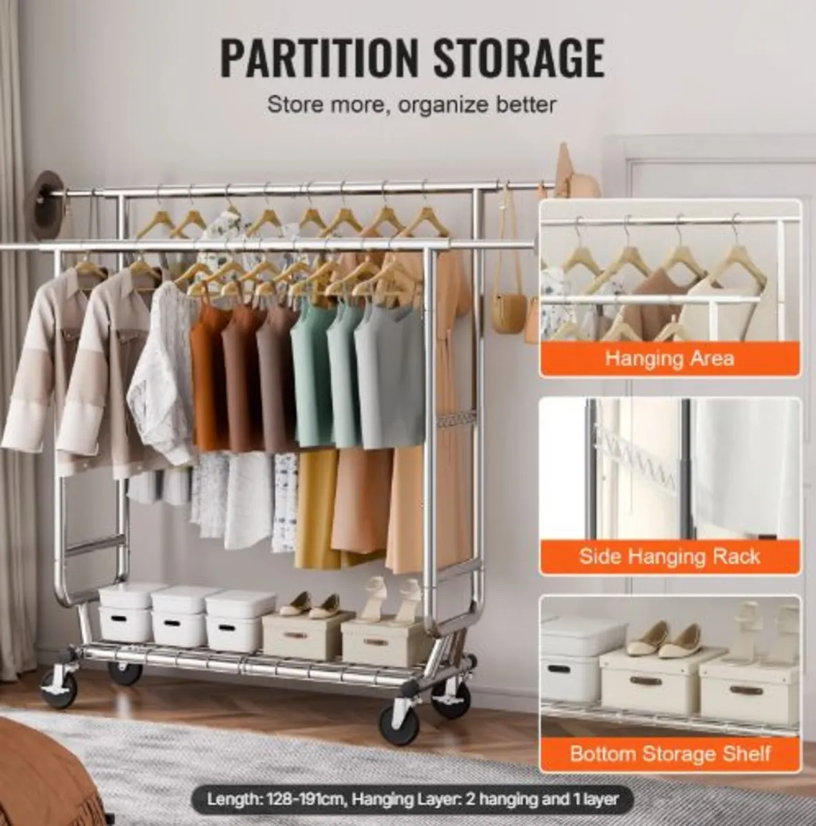 Heavy Duty Clothes Rack, Double Hanging Rod Cloth - Image 4