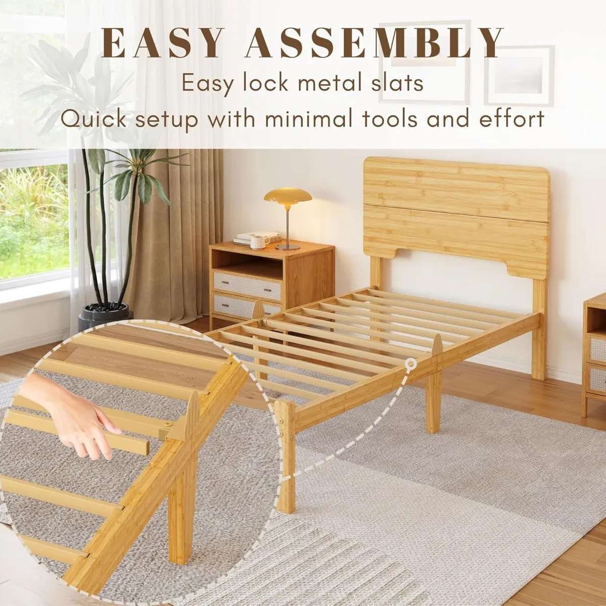 Wooden Single Bed Frame with Headboard - Bamboo - Image 4