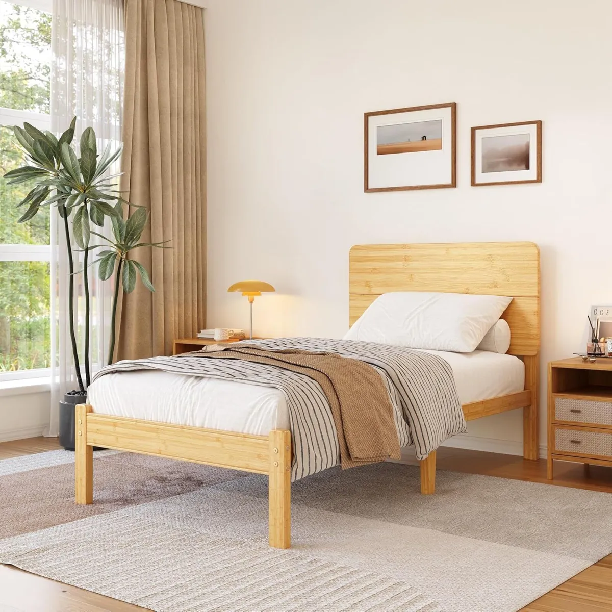 Wooden Single Bed Frame with Headboard - Bamboo - Image 1