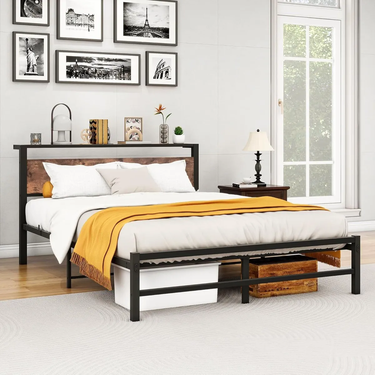 King Size bed frame With Wood Storage Headboard - Image 4