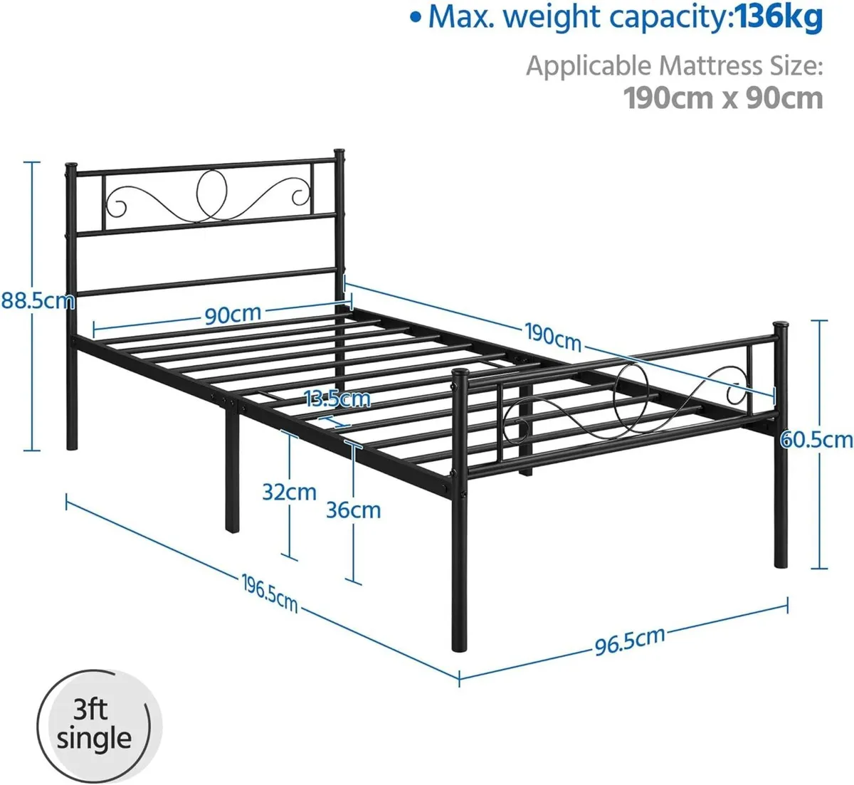 3ft Single Metal Bed Frame Solid Bedstead Base - Image 2