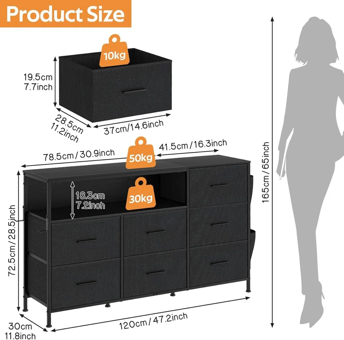 7-Drawer Fabric Chest of Drawers – Black Storage - Image 3