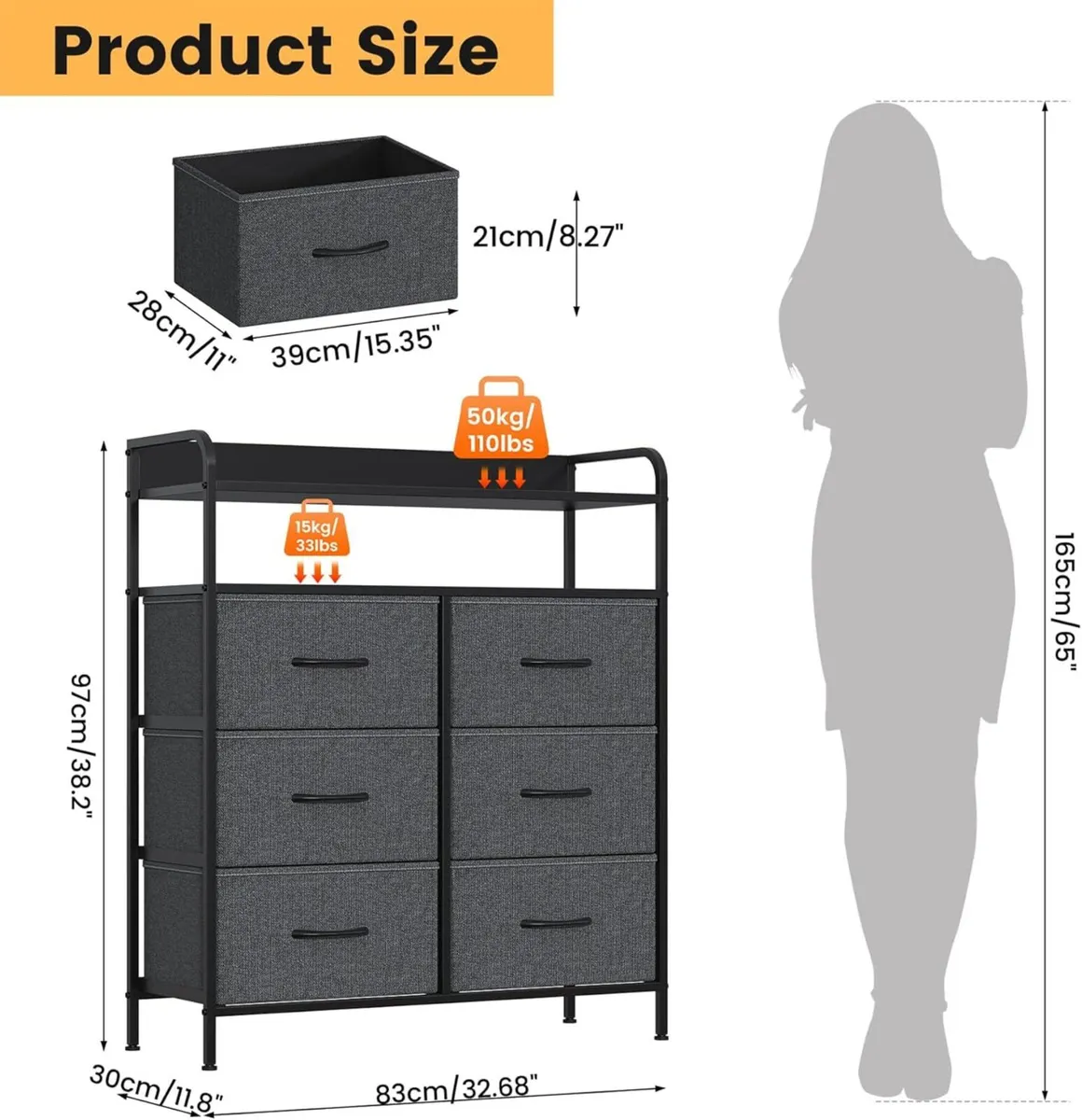 6 Drawer Fabric Chest Of Drawers Double Wooden - Image 3