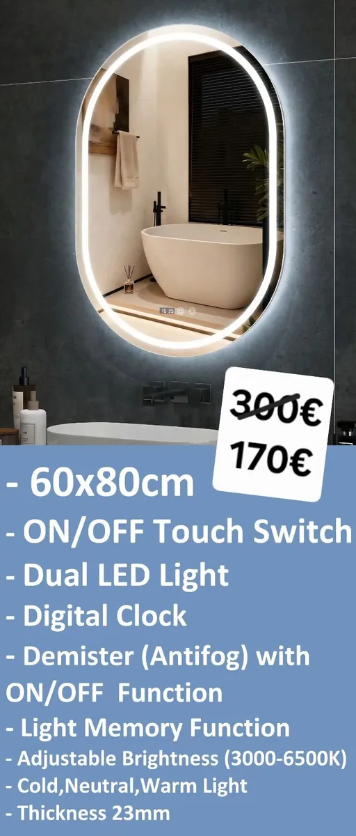 LED Bathroom Mirror 60c80cm Oval Clock Antifog - Image 1
