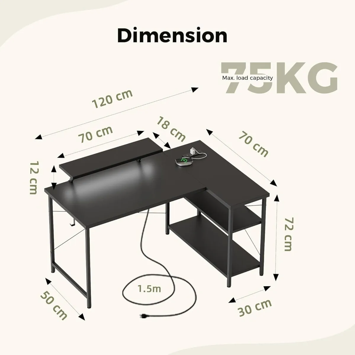 Small L-Shaped Desk with LED 120x70cm Computer - Image 2