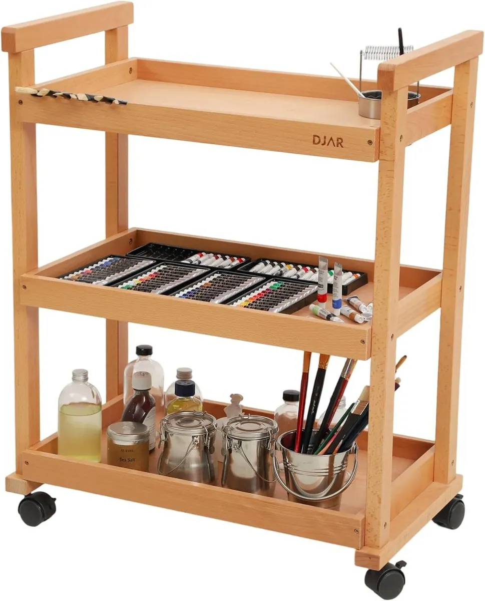 Rolling Art Cart Solid Beech Wood Utility with - Image 1