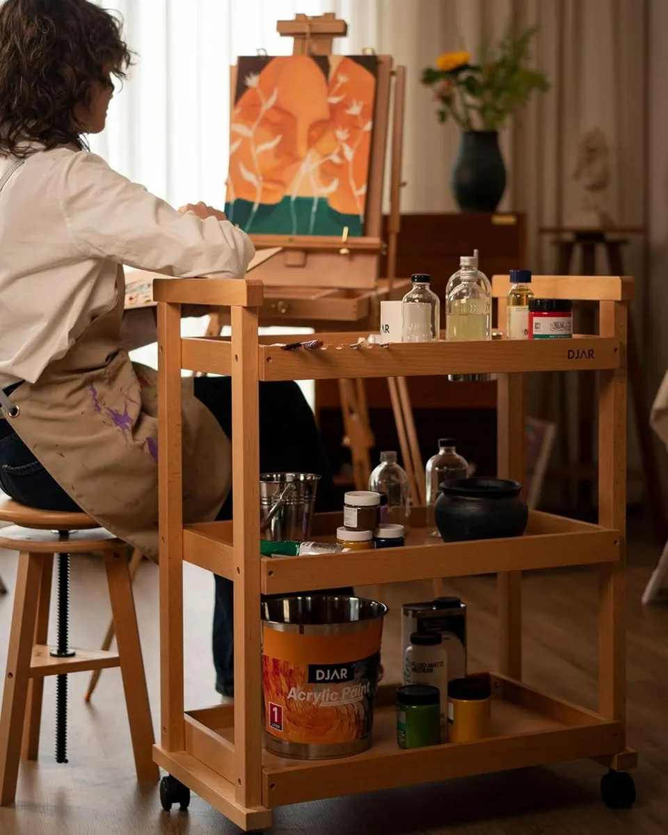 Rolling Art Cart Solid Beech Wood Utility with - Image 2