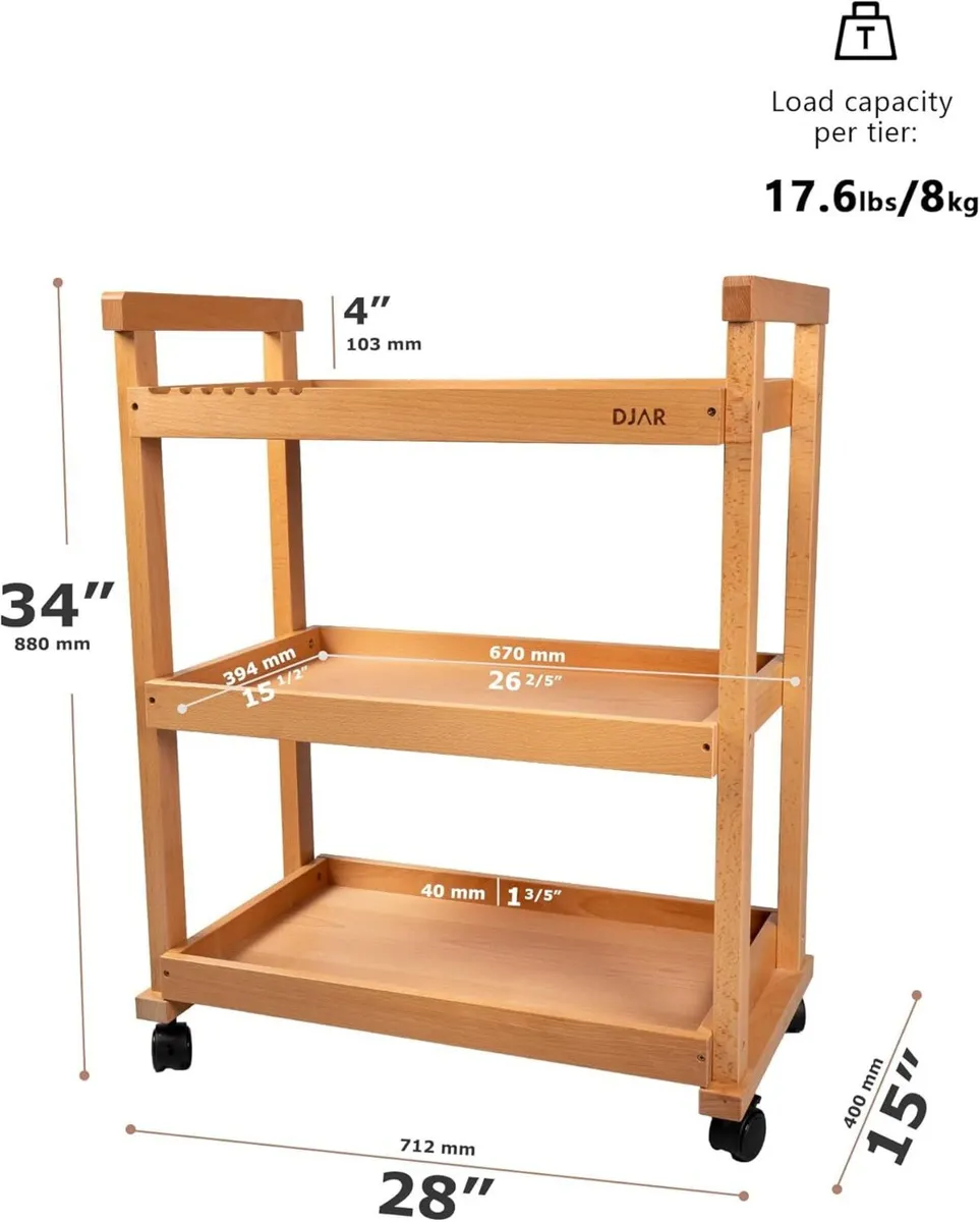 Rolling Art Cart Solid Beech Wood Utility with - Image 3
