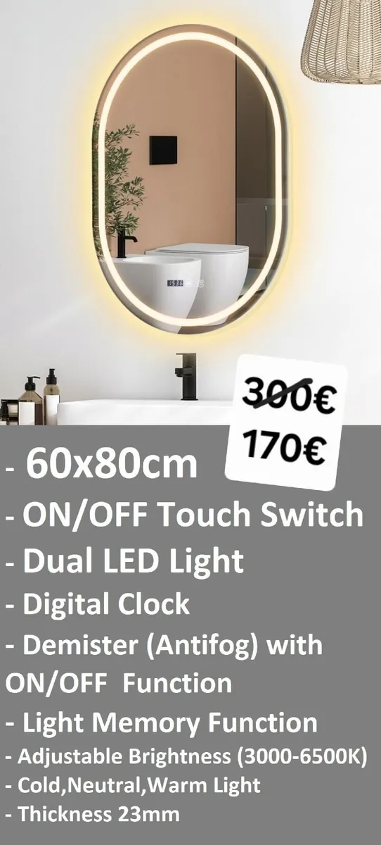 LED Bathroom Mirror Dual LED Time Demister Makeup - Image 1