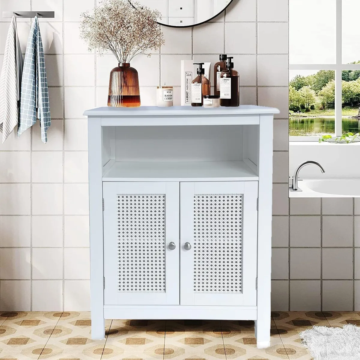 Vera Faux Rattan 2-Door Storage Cabinet White - Image 2