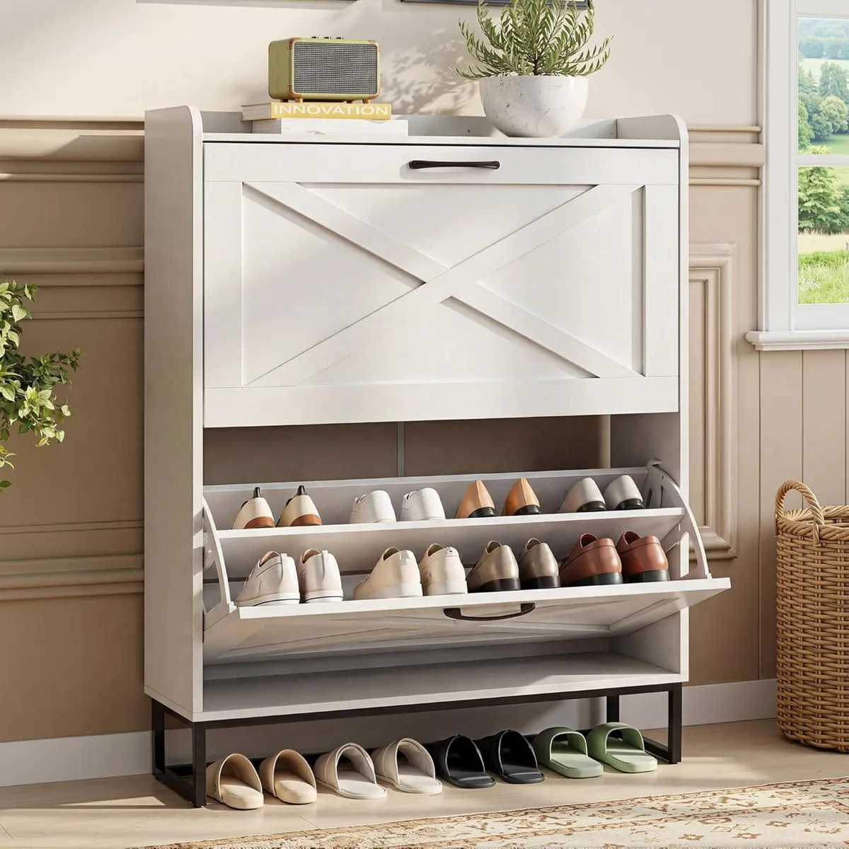 Rustic Shoe Cabinet 80cm Width For Hallway White - Image 1