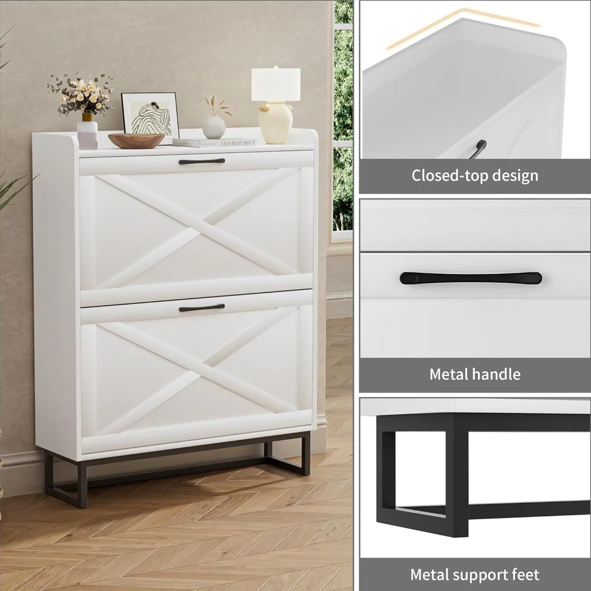 Rustic Shoe Cabinet 80cm Width For Hallway White - Image 3