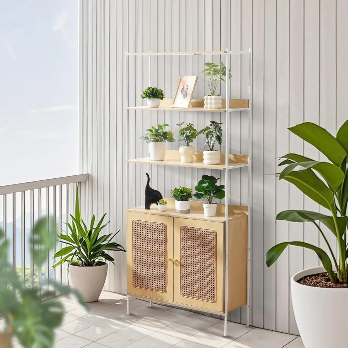 Rattan Bookshelf Ladder Shelf with 2 Doors - Image 2