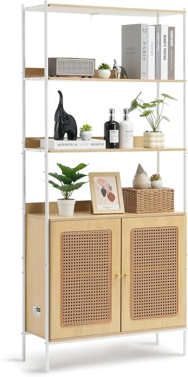 Rattan Bookshelf Ladder Shelf with 2 Doors - Image 1