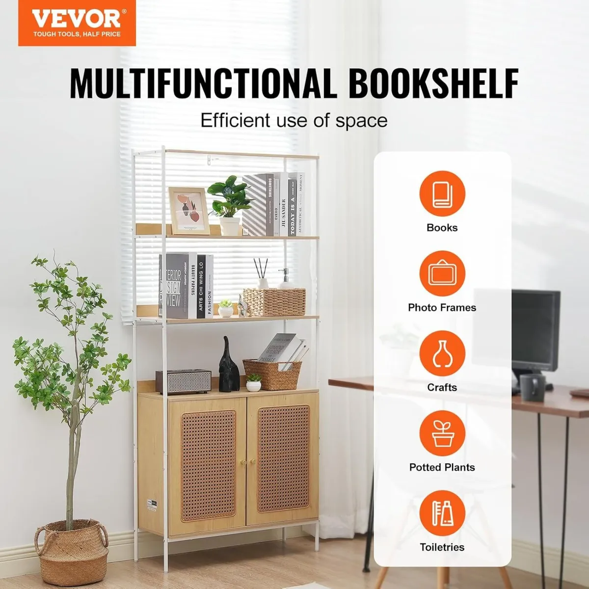 Rattan Bookshelf Ladder Shelf with 2 Doors - Image 4