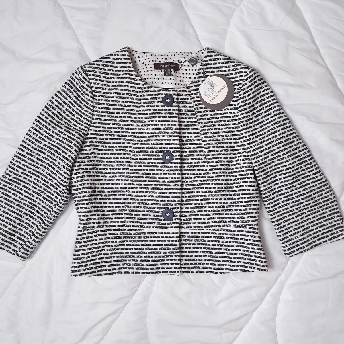 Marie Mero White Navy Textured Cropped Jacket 10UK - Image 1