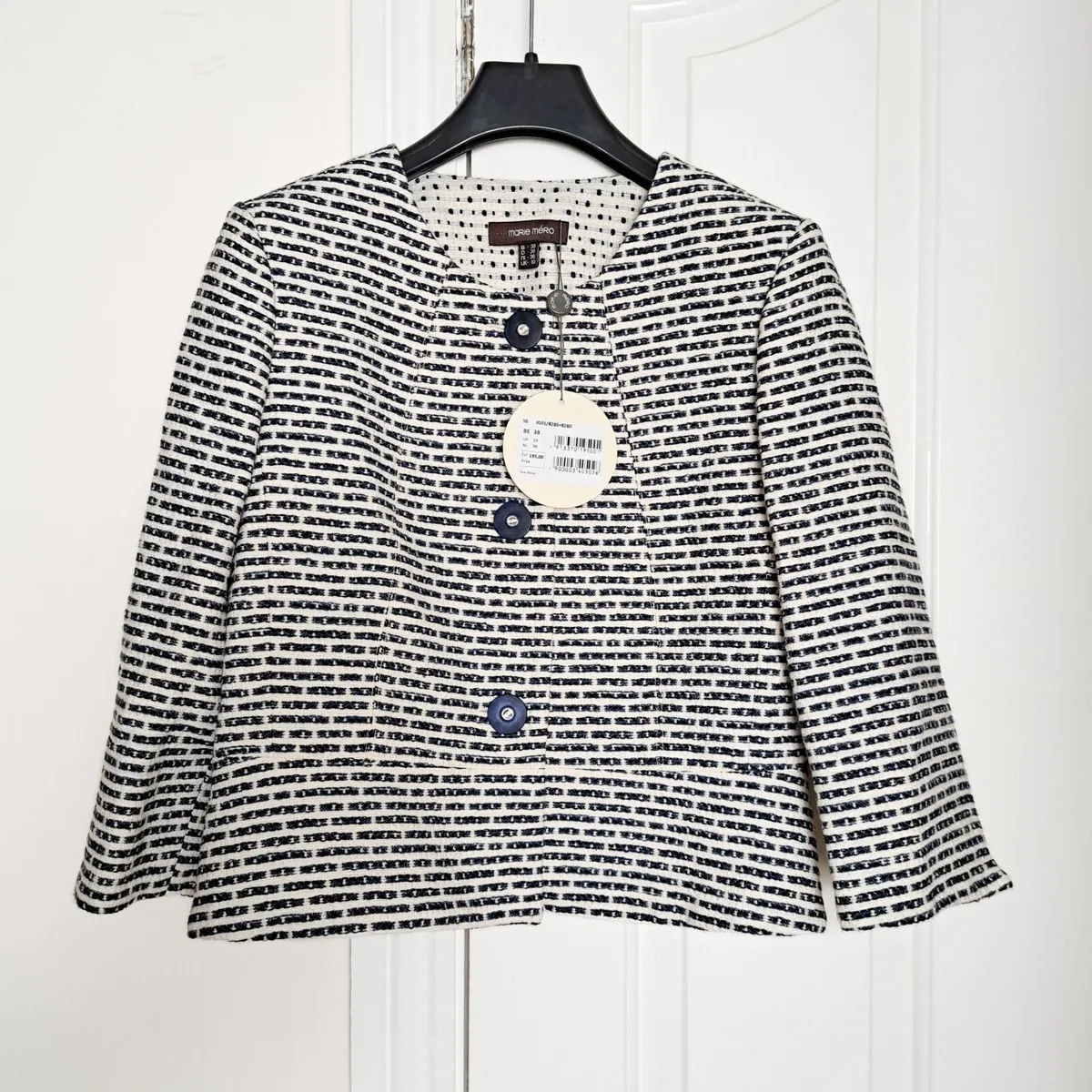 Marie Mero White Navy Textured Cropped Jacket 10UK - Image 2