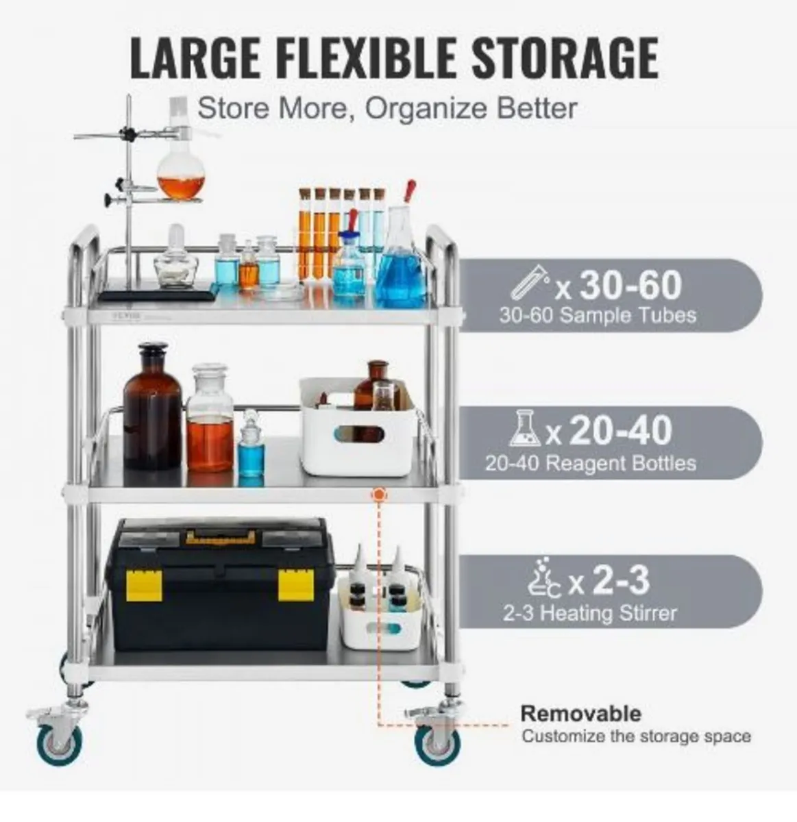 Lab Rolling Cart, 3-Shelf Stainless Steel - Image 2