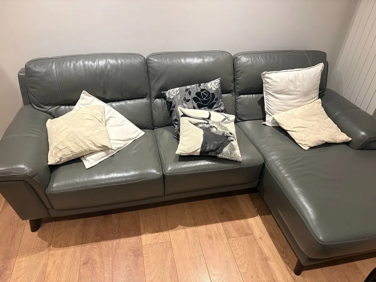 Grey Leather Corner Sofa with Chaise - Image 1