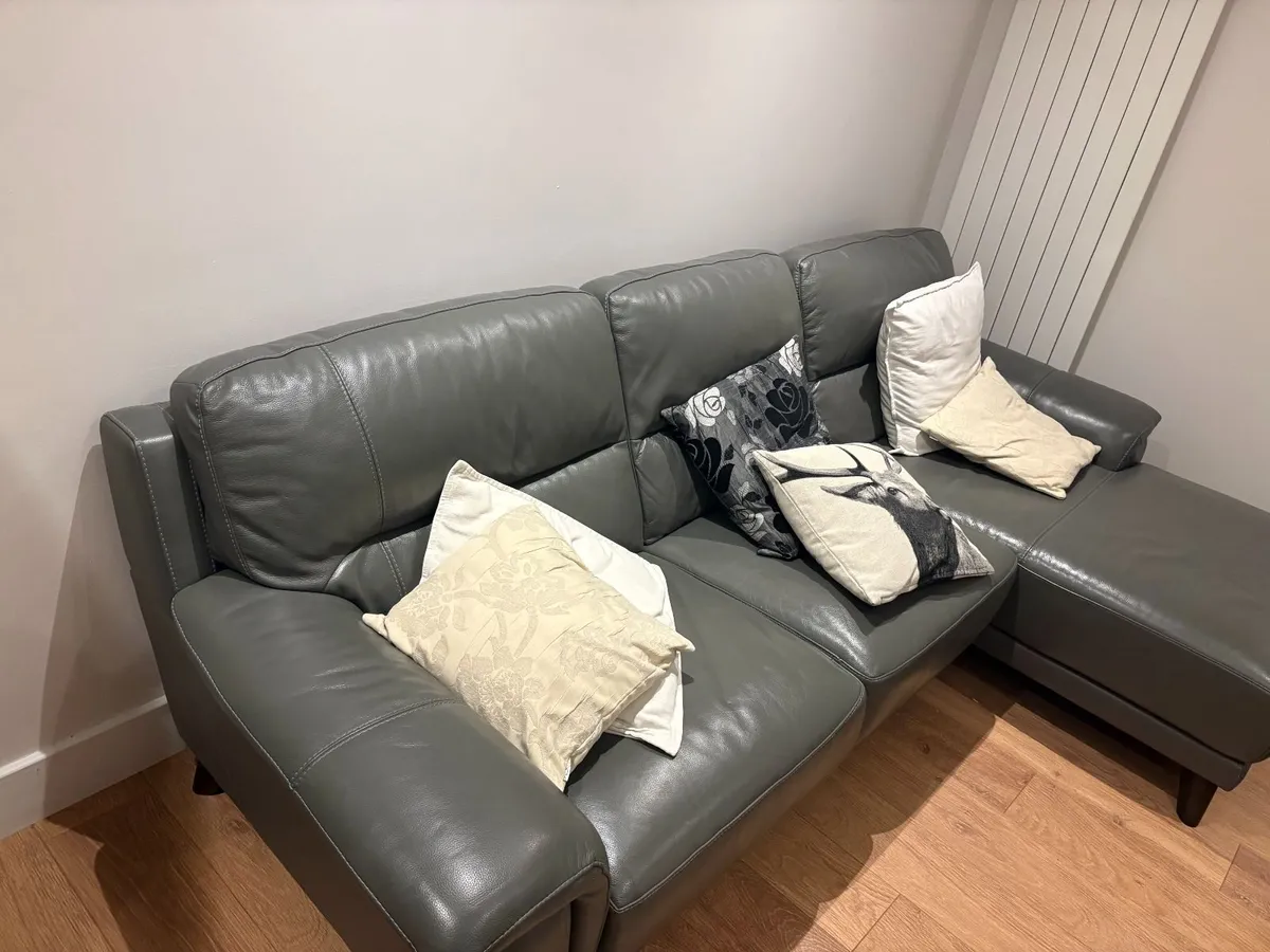 Grey Leather Corner Sofa with Chaise - Image 2