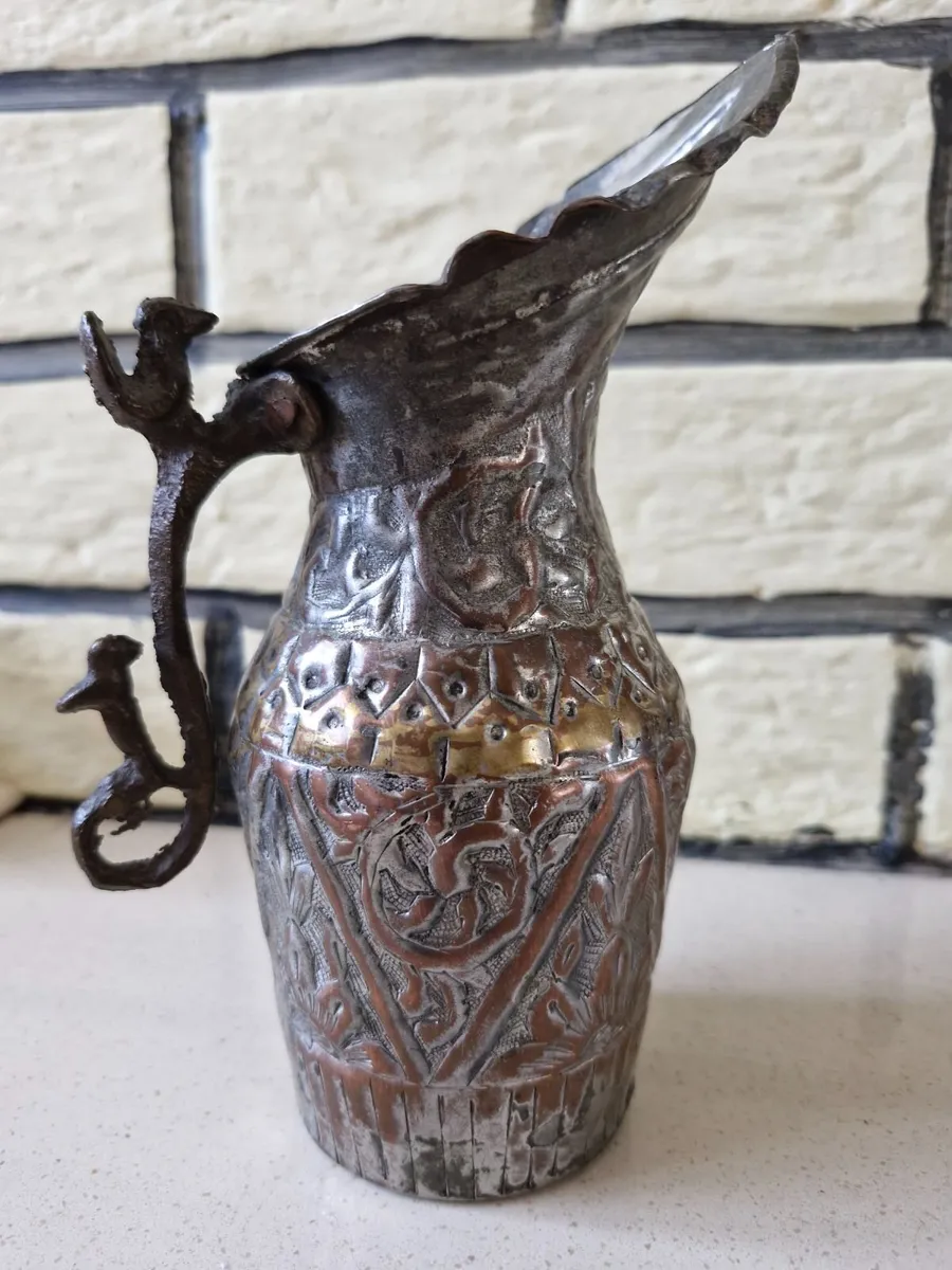 Antique Persian Qajar Dynasty tinned copper jug - Image 1