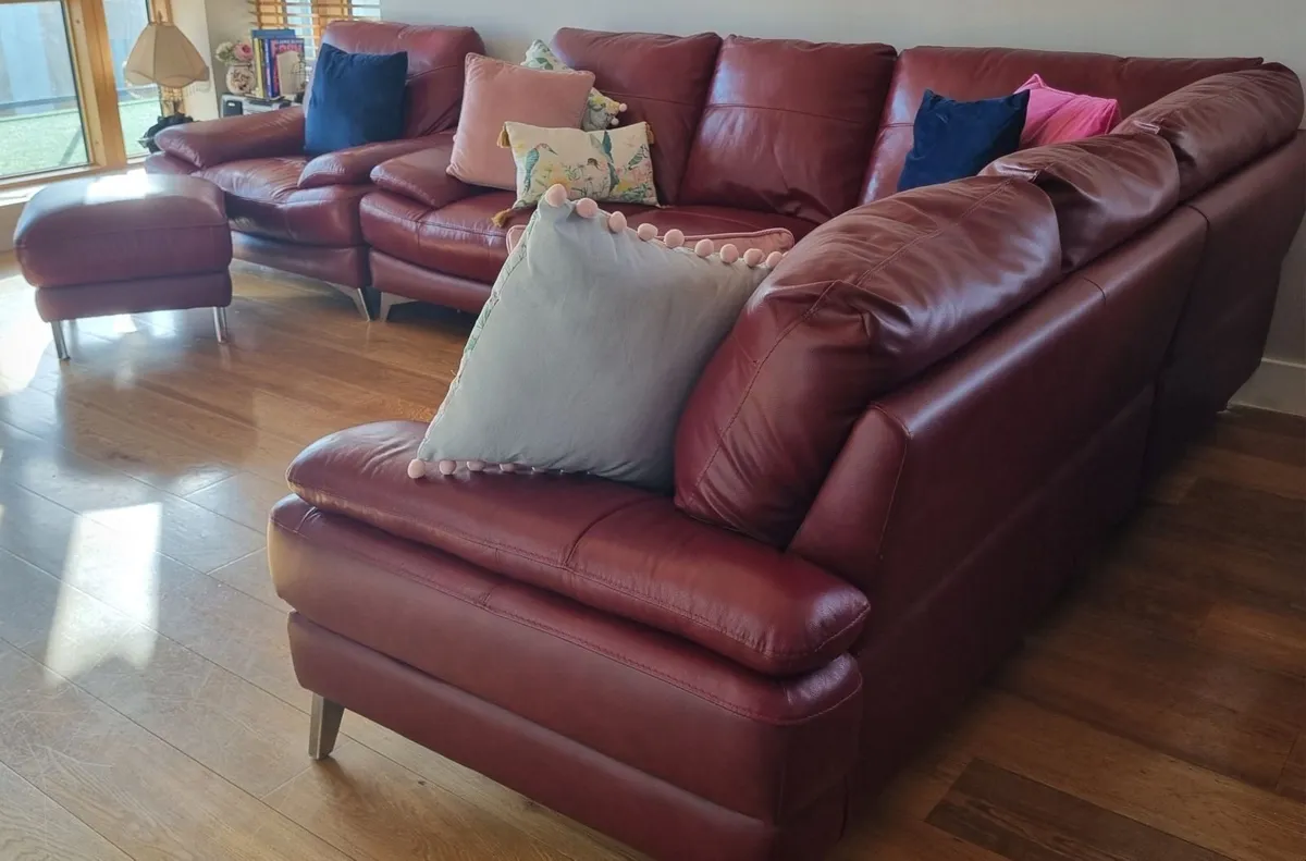 Leather Corner Sofa (5 seats) Chair and Footstool - Image 2