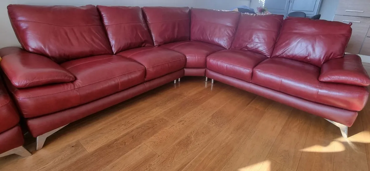 Leather Corner Sofa (5 seats) Chair and Footstool - Image 4