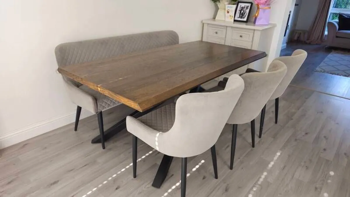 Smoked oak dining table, chairs, and barstools - Image 1