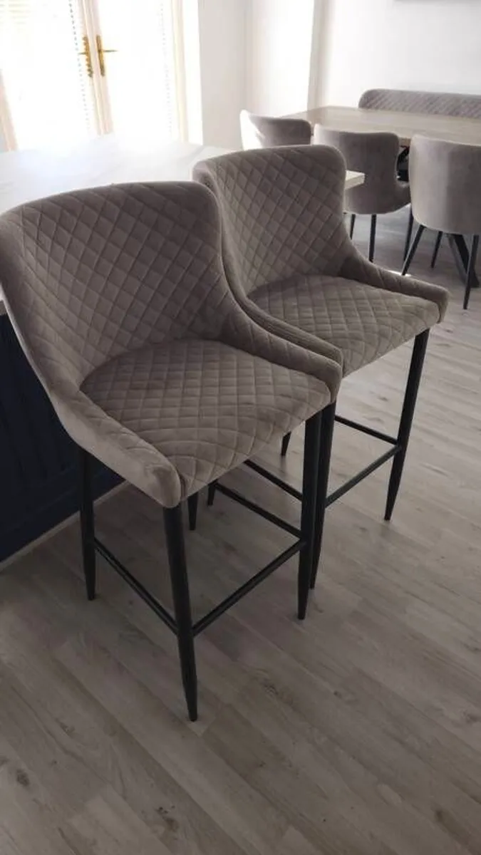 Smoked oak dining table, chairs, and barstools - Image 4