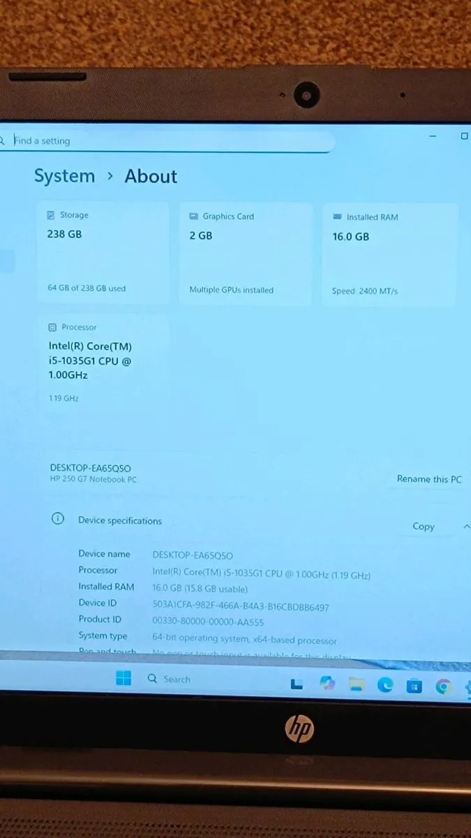 Hp 250 G7, i5 10th, 16Gb New Battery & Charger - Image 3